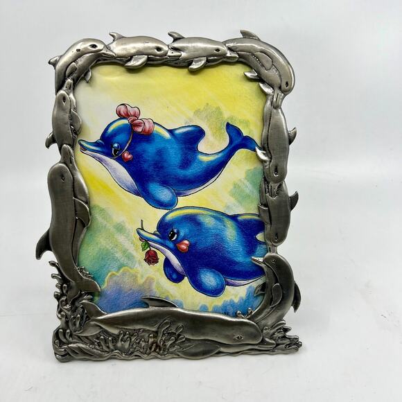 Vtg. Raj 2000 Picture Frame Metal Pewter Ocean Life~ Dolphins~Whales 8” - Picture 1 of 9